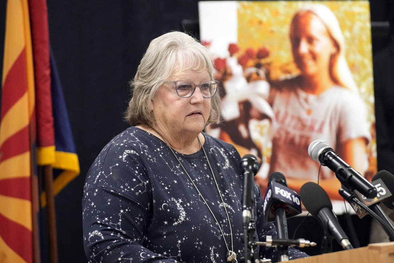 Leslie Bowdoin James, sister of Deana Lynne Bowdoin talks to the media on Wednesday, May 11, 2022, ...