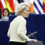 
              European Commission President Ursula von der Leyen walks to deliver her speech during a debate on the social and economic consequences for the EU of the Russian war in Ukraine, Wednesday, May 4, 2022 at the European Parliament in Strasbourg, eastern France. (AP Photo/Jean-Francois Badias)
            