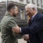 
              In this photo provided by the Ukrainian Presidential Press Office, Ukrainian President Volodymyr Zelenskyy, left, greets Portuguese Prime Minister Antonio Costa, during their meting in Kyiv, Ukraine, Saturday, May 21, 2022. (Ukrainian Presidential Press Office via AP)
            