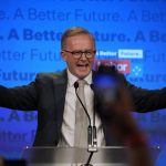 
              Labor Party leader Anthony Albanese speaks to supporters at a Labor Party event in Sydney, Australia, Sunday, May 22, 2022, after Prime Minister Scott Morrison conceding defeat to Albanese in a federal election. (AP Photo/Rick Rycroft)
            