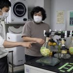 
              Tokyo University researchers Yuya Sakai, left, and Kota Machida, right, check on dried vegetables and fruit peels before pulverizing them to particles at their university laboratory in Tokyo, on May 26, 2022.  The university's researchers have developed a technology that can transform food waste into “cement" for construction use. (AP Photo/Chisato Tanaka)
            