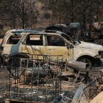 A burned car and piece of machinery are seen following a wildfire near Las Vegas, New Mexico, on Monday, May 2, 2022. Wind-whipped flames are marching across more of New Mexico's tinder-dry mountainsides, forcing the evacuation of area residents and dozens of patients from the state's psychiatric hospital as firefighters scramble to keep new wildfires from growing. The big blaze burning near the community of Las Vegas has charred more than 217 square miles. (AP Photo/Cedar Attanasio)