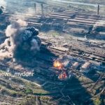 
              In this handout photo taken from video released on Wednesday, May 4, 2022 by Donetsk People's Republic Interior Ministry Press Service, Smoke rises from the Metallurgical Combine Azovstal in Mariupol, in territory under the government of the Donetsk People's Republic, eastern Ukraine. Heavy fighting is raging at the besieged steel plant in Mariupol as Russian forces attempt to finish off the city's last-ditch defenders and complete the capture of the strategically vital port. (Donetsk People's Republic Interior Ministry Press Service via AP)
            