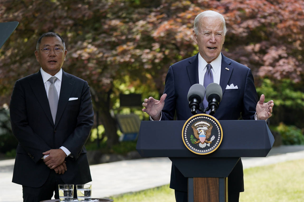 U.S.President Joe Biden speaks during an event with Hyundai Motor Group Executive Chair Euisun Chun...