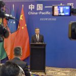 
              In this photo supplied by the Fiji government, China's Foreign Minister Wang Yi, speaks at a press conference at the Pacific Islands Foreign Ministers' meeting Monday, May 30, 2022, in Suva, Fiji. Wang Yi and a 20-strong delegation are in Fiji as part of an eight-nation Pacific Islands tour that comes amid growing concerns about Beijing's military and financial ambitions in the South Pacific region. (Fiji Government via AP)
            