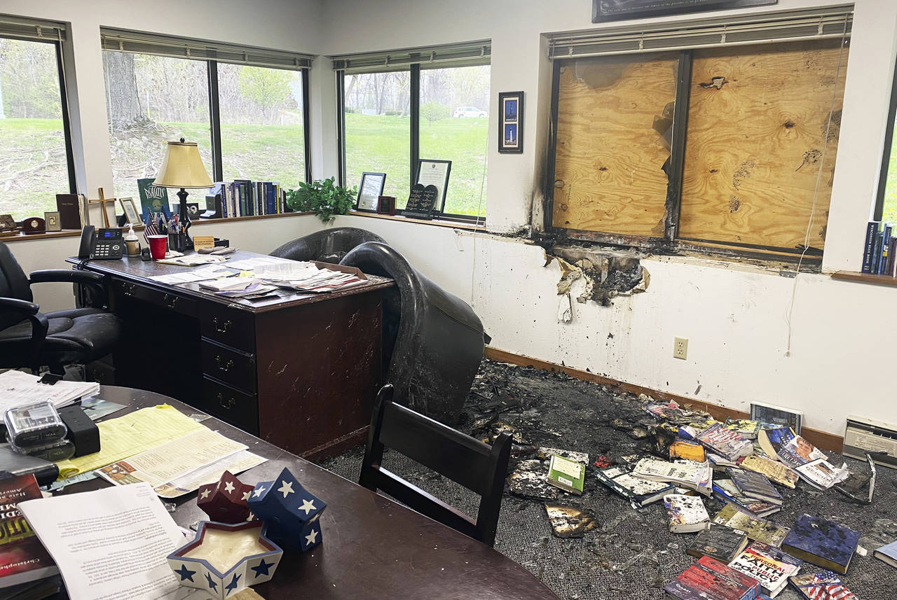 Damage is seen in the interior of Madison's Wisconsin Family Action headquarters in Madison, Wis., ...