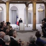 
              French President Emmanuel Macron delivers a speech during the ceremony of his inauguration for a second term at the Elysee palace, in Paris, France, Saturday, May 7, 2022. Macron was reelected for five years on April 24 in an election runoff that saw him won over far-right rival Marine Le Pen. (AP Photo/Lewis Joly)
            