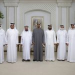 
              This photo from Ministry of Presidential Affairs shows from left to right, Sheikh Hamad bin Mohammed Al Sharqi, Supreme Council Member and Ruler of Fujairah, Sheikh Saud bin Saqr Al Qasimi, Supreme Council Member and Ruler of Ras Al Khaimah, Dr. Sheikh Sultan bin Muhammad Al Qasimi, Supreme Council Member and Ruler of Sharjah, Sheikh Mohamed bin Zayed Al Nahyan, President of the United Arab Emirates and Ruler of the Emirate of Abu Dhabi, Sheikh Mohammed bin Rashid Al Maktoum, Vice President, Prime Minister and Ruler of Dubai, Sheikh Humaid bin Rashid Al Nuaimi, Supreme Council Member and Ruler of Ajman and Sheikh Saud bin Rashid Al Mu'alla, Supreme Council Member and Ruler of Umm Al Qaiwain pose for a photo as Mohamed bin Zayed accepts their condolences, Saturday, May14, 2022. (Ministry of Presidential Affairs via AP/Hamad Al Kaabi)
            