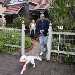 
              Australia's Prime Minister-elect Anthony Albanese, right, and his partner Jodie Haydon go for a walk with their dog, Toto, in Sydney, Sunday, May 22, 2022. Albanese has promised to rehabilitate Australia's international reputation as a climate change laggard with steeper cuts to greenhouse gas emissions. (Dean Lewins/AAP Image via AP)
            