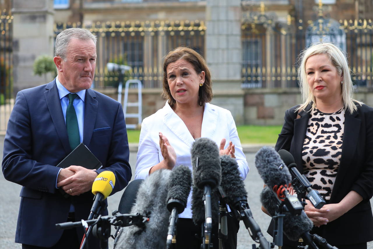 Sinn Fein's Conor Murphy, left, party leader Mary Lou McDonald, center, and Michelle O'Neill speak ...