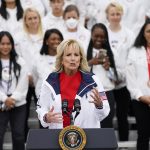 
              First lady Jill Biden speaks during an event with the Tokyo 2020 Summer Olympic and Paralympic Games, and Beijing 2022 Winter Olympic and Paralympic Games, on the South Lawn of the White House, Wednesday, May 4, 2022, in Washington. (AP Photo/Evan Vucci)
            