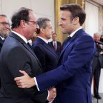 
              France's former President Francois Hollande, left, greets French President Emmanuel Macron during the ceremony of his inauguration for a second term at the Elysee palace, in Paris, France, Saturday, May 7, 2022. Macron was reelected for five years on April 24 in an election runoff that saw him won over far-right rival Marine Le Pen. (Gonzalo Fuentes/Pool via AP)
            