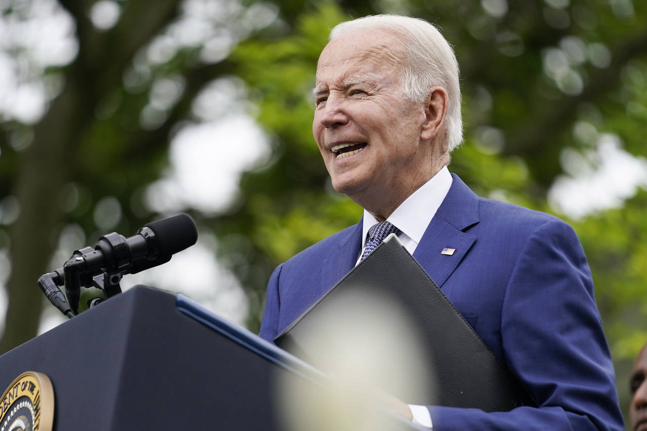President Joe Biden speaks in the Rose Garden of the White House in Washington, Friday, May 13, 202...