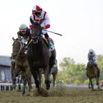 
              Jose Ortiz, second from left, atop Early Voting, edges out Joel Rosario, left, atop Epicenter, to win during the 147th running of the Preakness Stakes horse race at Pimlico Race Course, Saturday, May 21, 2022, in Baltimore. (AP Photo/Julio Cortez)
            