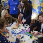 
              First lady Jill Biden and Olena Zelenska, spouse of Ukrainian's President Volodymyr Zelenskyy, join a group of children at School 6 in making tissue-paper bears to give as Mother's Day gifts in Uzhhorod, Ukraine, Sunday, May 8, 2022. (AP Photo/Susan Walsh, Pool)
            