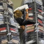 
              Nadia Zanola, chairman of the Cose di Maglia and owner of the D.Exterior brand, goes through racks of clothing at a warehouse section of unsold clothes, in Brescia, Italy, Tuesday, June 14, 2022. Small Italian fashion producers are still allowed to export to Russia, despite sanctions, as long as the wholesale price is under 300 euros. But they are having a hard time getting paid, due to restrictions tied to the financial sector. (AP Photo/Luca Bruno)
            