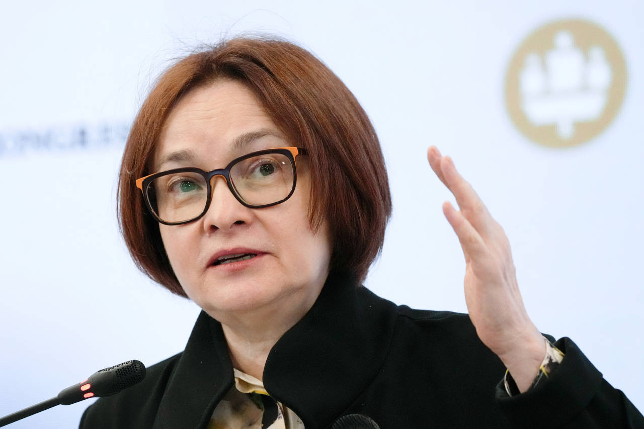 The head of Russian Central Bank Elvira Nabiulina gestures while speaking at the St. Petersburg Int...