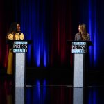 Former state Rep. Dee Dawkins-Haigler, left, and Georgia State Rep. Bee Nguyen, right, participate in Georgia's secretary of state democratic primary election runoff debates on Monday, June 6, 2022, in Atlanta. (AP Photo/Brynn Anderson)