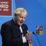 
              British Prime Minister Boris Johnson speaks during a media conference at a NATO summit in Madrid, Spain on Thursday, June 30, 2022. North Atlantic Treaty Organization heads of state met for the final day of a NATO summit in Madrid on Thursday. (AP Photo/Paul White)
            