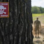 
              A notice warning about land mines is attached to a tree as a Ukrainian specialized team searches for mines in a field in the outskirts of Kyiv, Ukraine, Thursday, June 9, 2022. (AP Photo/Natacha Pisarenko)
            
