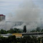 
              Smoke rises after a Russian missile strike in Kyiv, Ukraine, Sunday, June 5, 2022. (AP Photo/Natacha Pisarenko)
            