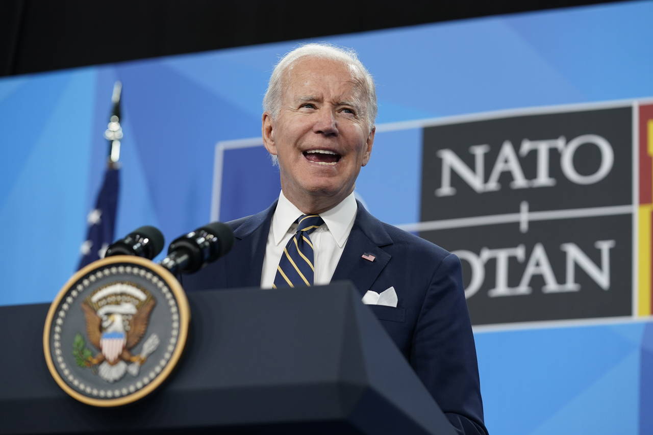 President Joe Biden speaks during a news conference on the final day of the NATO summit in Madrid, ...