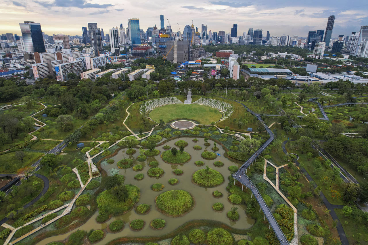 An aerail view shows the water features of Benjakitti Park in Bangkok, Thailand, Sunday, May 8, 202...