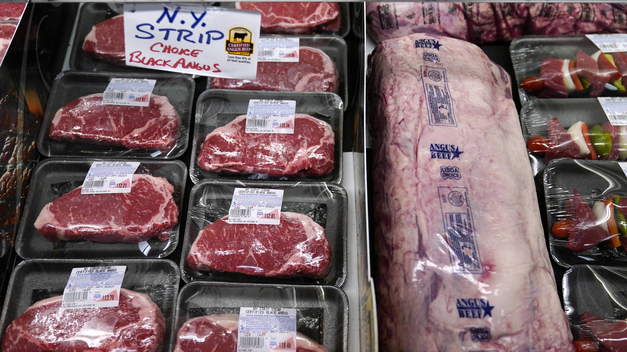 FILE - In this Tuesday, June 15, 2021 photograph, beef is displayed in the meat department at Lambe...