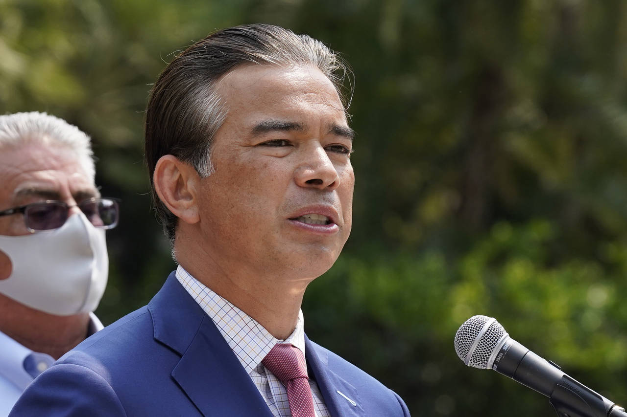 FILE - California Attorney General Rob Bonta speaks at a news conference in Sacramento, Calif., Aug...