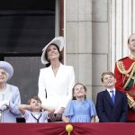 
              Queen Elizabeth II, Kate, Duchess of Cambridge, Prince Louis, Princess Charlotte, Prince George, and Prince William watch from the balcony of Buckingham Place after the Trooping the Color ceremony in London, Thursday, June 2, 2022, on the first of four days of celebrations to mark the Platinum Jubilee. The events over a long holiday weekend in the U.K. are meant to celebrate the monarch's 70 years of service.(Aaron Chown/Pool Photo via AP)
            