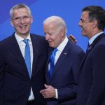
              U.S. President Joe Biden, center, talks to NATO Secretary General Jens Stoltenberg, left, and Spanish Prime Minister Pedro Sanchez at the official arrivals for the NATO summit in Madrid, Spain, on Wednesday, June 29, 2022. North Atlantic Treaty Organization heads of state will meet for a NATO summit in Madrid from Tuesday through Thursday. (AP Photo/Bernat Armangue)
            