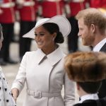 
              Prince Harry and Meghan Markle, Duke and Duchess of Sussex arrive for a service of thanksgiving for the reign of Queen Elizabeth II at St Paul's Cathedral in London, Friday, June 3, 2022 on the second of four days of celebrations to mark the Platinum Jubilee. The events over a long holiday weekend in the U.K. are meant to celebrate the monarch's 70 years of service. (AP Photo/Matt Dunham, Pool)
            