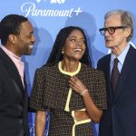 
              Chiwetel Ejiofor, from left, Naomie Harris and Bill Nighy pose for photographers upon arrival at the UK launch of the streaming site Paramount +, in London, Monday, June 20, 2022. (Photo by Joel C Ryan/Invision/AP)
            