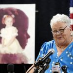 
              Debbie Carlson, mother of murder victim 8-year-old Vicki Lynne Hoskinson, speaks about her daughter at a news conference after Frank Atwood was put to death by lethal injection at the Arizona state prison, Wednesday, June 8, 2022, in Florence, Ariz. Atwood, convicted in the 1984 killing of Hoskinson, was executed in the state's second execution since officials started carrying out the death penalty in May after a nearly eight-year hiatus. (AP Photo/Ross D. Franklin)
            
