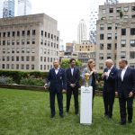 
              Nick Bontis, president of Canada Soccer; Yon de Luisa Plazas, president of Mexican Football Federation; U.S. Soccer President Cindy Parlow Cone; FIFA President Gianni Infantino; and Vice President Vittorio Montagliani, from left, chat while standing near the 2026 FIFA World Cup trophy Thursday, June 16, 2022, in New York. (AP Photo/Noah K. Murray)
            