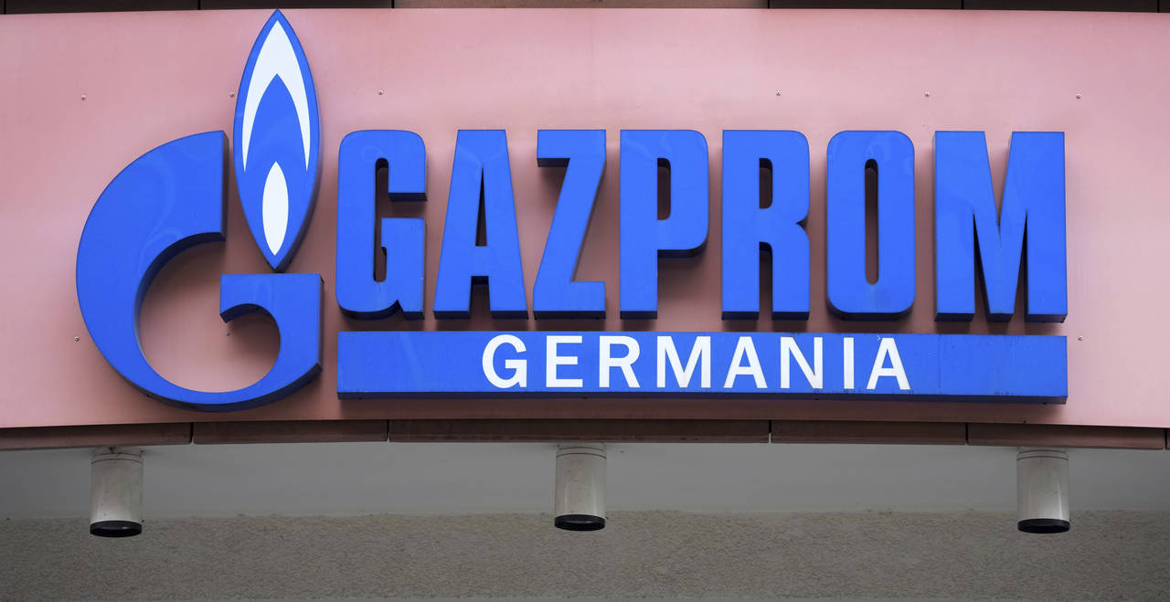 FILE - The logo of 'Gazprom Germania' is pictured at the company's headquarters in Berlin, April 6,...