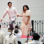 
              President-elect Ferdinand "Bongbong" Marcos Jr., left top, and his wife Maria Louise Marcos arrive for the inauguration ceremony at National Museum on Thursday, June 30, 2022 in Manila, Philippines. Marcos was sworn in as the country's 17th president. (AP Photo/Aaron Favila)
            