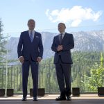 
              German Chancellor Olaf Scholz, right, welcomes US President Joe Biden, left, for a bilateral meeting at Castle Elmau in Kruen, near Garmisch-Partenkirchen, Germany, on Sunday, June 26, 2022. The Group of Seven leading economic powers are meeting in Germany for their annual gathering Sunday through Tuesday. (Michael Kappeler/dpa via AP)
            