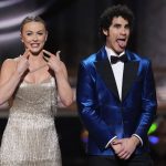 
              Pre-show hosts Julianne Hough, left, and Darren Criss speak at the 75th annual Tony Awards on Sunday, June 12, 2022, at Radio City Music Hall in New York. (Photo by Charles Sykes/Invision/AP)
            