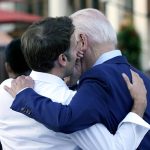 
              French President Emmanuel Macron whispers to U.S. President Joe Biden following their dinner at the G7 Summit in Elmau, Germany, Sunday, June 26, 2022. (AP Photo/Susan Walsh)
            