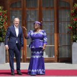 
              German Chancellor Olaf Scholz, left, greets World Trade Organization Director-General Ngozi Okonjo-Iweala during the official welcome ceremony of G7 leaders and Outreach guests at Castle Elmau in Kruen, near Garmisch-Partenkirchen, Germany, on Monday, June 27, 2022. The Group of Seven leading economic powers are meeting in Germany for their annual gathering Sunday through Tuesday. (AP Photo/Matthias Schrader)
            