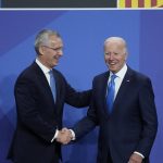 
              NATO Secretary General Jens Stoltenberg , left, welcomes U.S President Joe Biden during the NATO summit, Wednesday, June 29, 2022 in Madrid. North Atlantic Treaty Organization heads of state will meet for a NATO summit in Madrid from Tuesday through Thursday. (AP Photo/Christophe Ena, Pool)
            