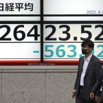 Men wearing masks walk past an electronic stock board showing Japan's Nikkei 225 index Tuesday, June 14, 2022, in Tokyo. Asian shares fell across the board Tuesday after Wall Street tumbled into a bear market, indicating that major U.S. benchmarks and individual stocks have fallen 20% or more from a recent high for a sustained period of time. (AP Photo/Shuji Kajiyama)