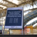 
              A sign shows the station opening times during this week's industrial action at Waterloo railway station in London, Tuesday, June 21, 2022. Tens of thousands of railway workers walked off the job in Britain on Tuesday, bringing the train network to a crawl in the country’s biggest transit strike for three decades. (AP Photo/Matt Dunham)
            