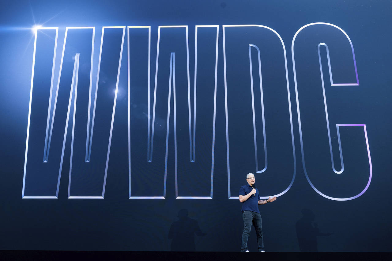 Apple CEO Tim Cook speaks Monday, June 6, 2022, during the keynote presentation of Apple's World Wi...