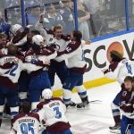
              The Colorado Avalanche celebrate after the team defeated the Tampa Bay Lightning in Game 6 of the NHL hockey Stanley Cup Finals on Sunday, June 26, 2022, in Tampa, Fla. The Avalanche won 2-1. (AP Photo/John Bazemore)
            