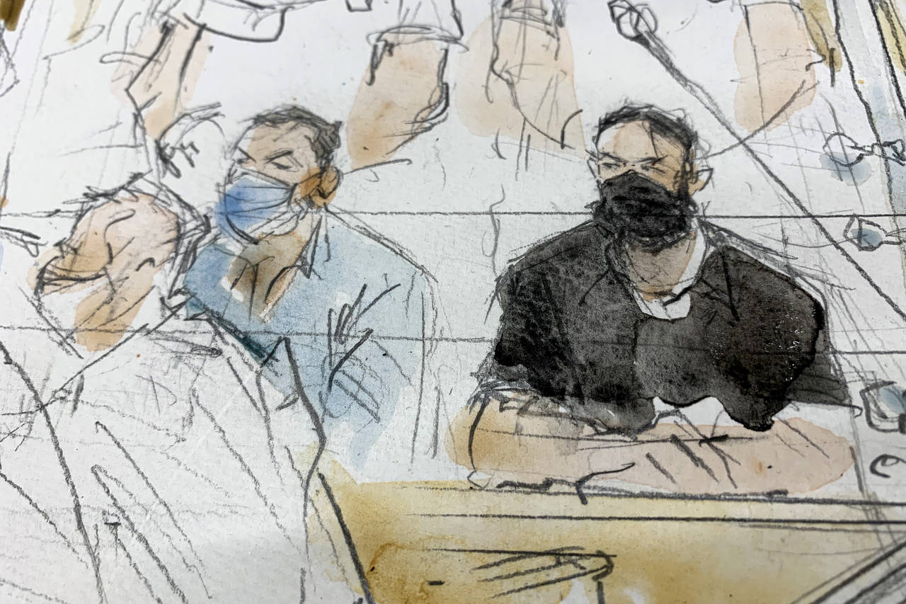 FILE - Sept.8, 2021 file sketch shows key defendant Salah Abdeslam, right, and Mohamed Abrini in th...