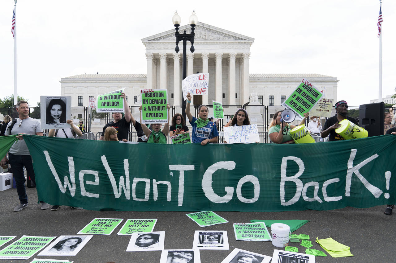 Abortion right activists gather outside the Supreme Court in Washington, Friday, June 24, 2022. The...