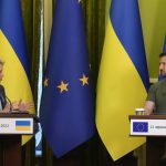 
              European Commission President Ursula von der Leyen, left, speaks during a joint press conference with Ukraine President Volodymyr Zelenskyy in Kyiv, Ukraine, Saturday, June 11, 2022. Von der Leyen is making her second visit to Ukraine since Russia invaded its neighbor. She was one of the first European leaders to go to Ukraine during the war.  (AP Photo/Natacha Pisarenko)
            