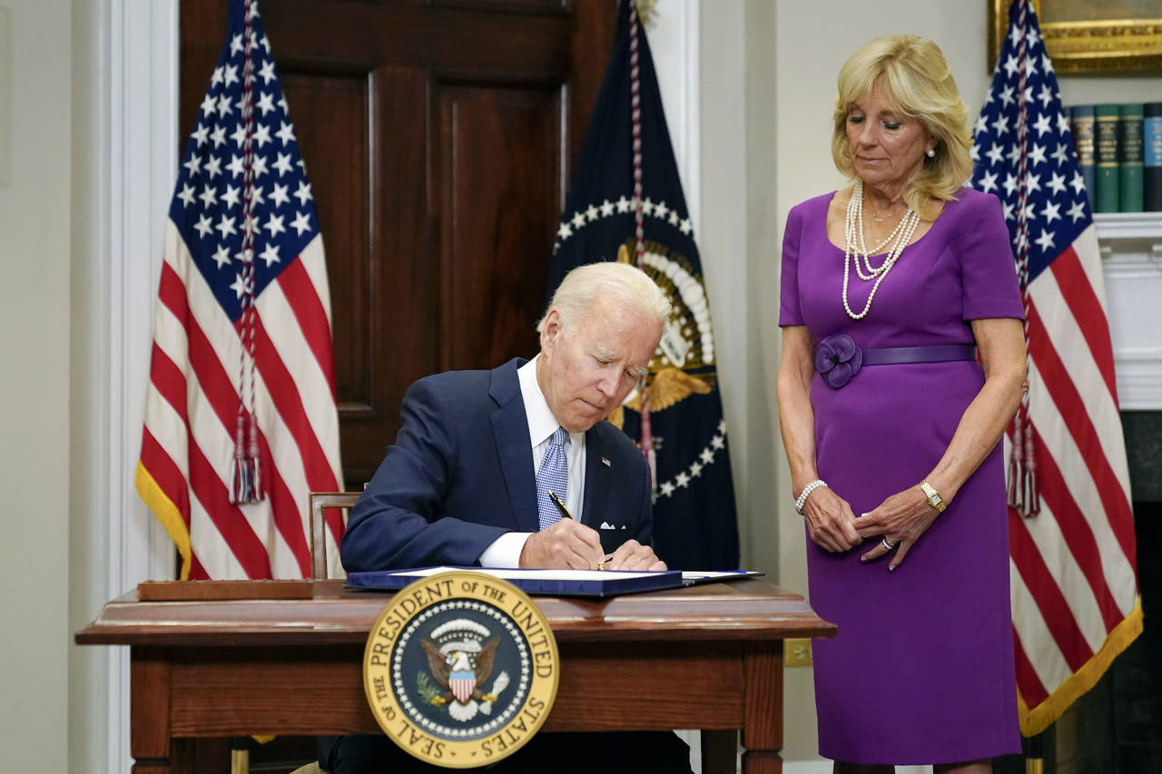President Joe Biden signs into law S. 2938, the Bipartisan Safer Communities Act gun safety bill, i...